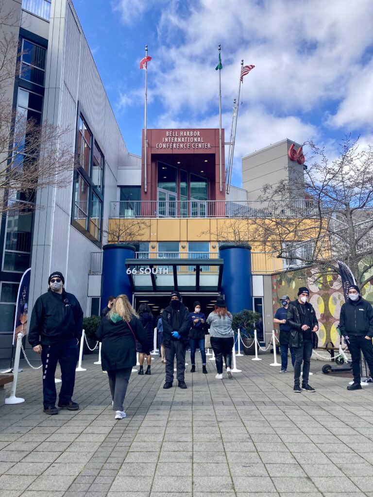 The outside, front entrance of the Bell Harbour Conference Center.