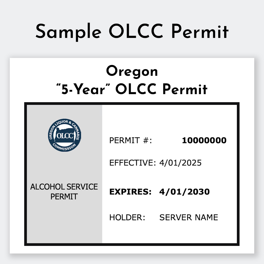 Official five-year Oregon OLCC Permit card showing sample certification details for alcohol servers.